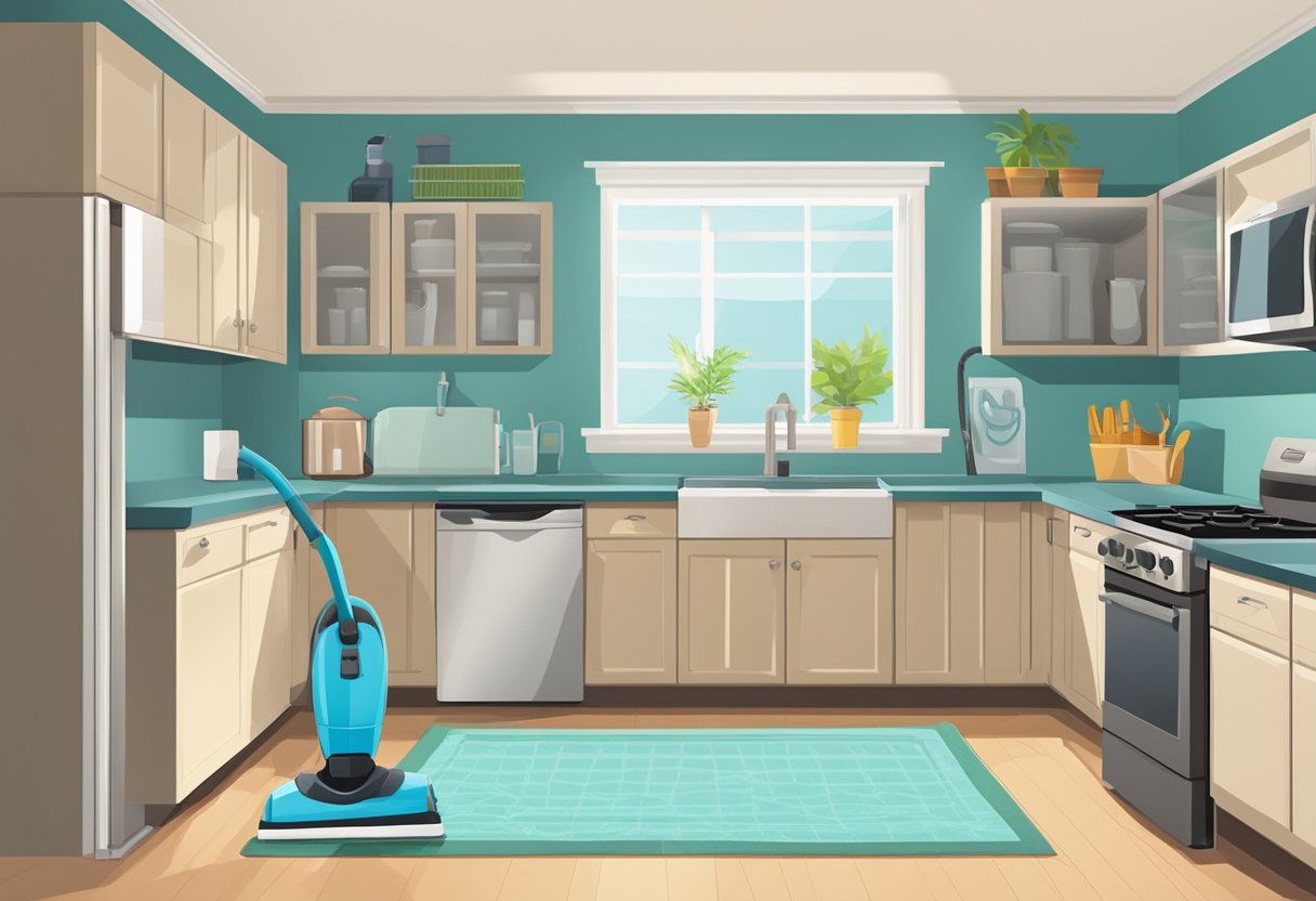 A vacuum cleaner sits in the corner of a tidy living room, while a mop and bucket stand ready in the kitchen. Cleaning supplies are neatly arranged on a counter, and a checklist is pinned to the fridge