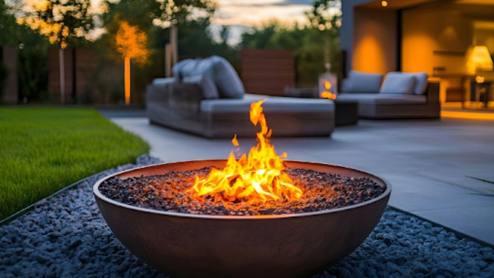 Modern Fire Pit with Flames at Dusk