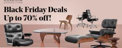 Sohnne Black Friday furniture sale banner featuring iconic mid-century modern furniture. Discounts up to 70% off with code BFCM.